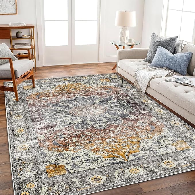 CHAMPLANT Area Rug 4x6 Washable Rug Taupe Vintage Traditional Floor Cover Foldable Thin Retro Accent Indoor Distressed Non Slip Carpet Floral Print Mat Bedroom Living Room Bathroom