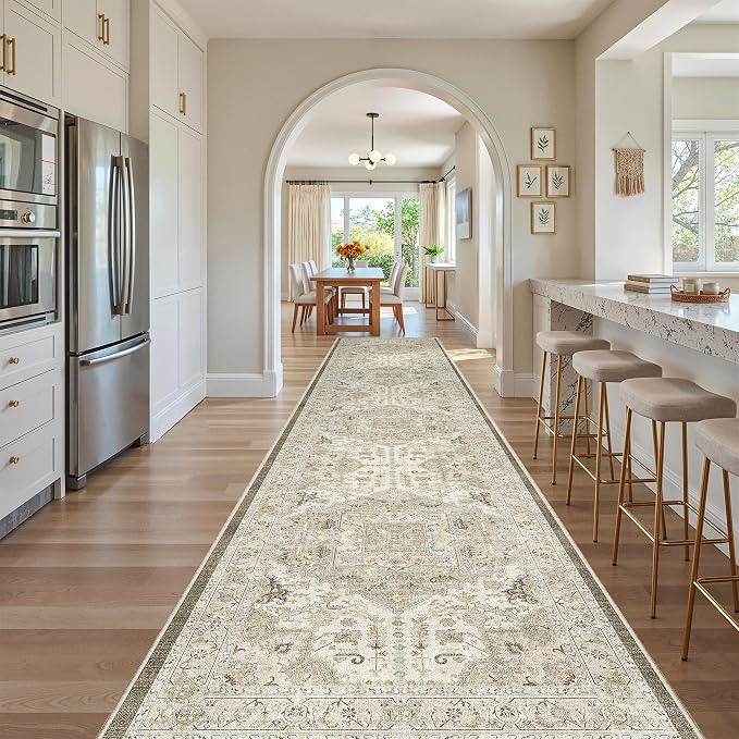 Madane Hallway Runner Rug 3x16 Washable Kitchen Runners Long, Ivory/Brown | Vintage Non-Slip Wide Area Rugs 16ft for Entryway, Low-Pile Farmhouse Indoor Floor Carpet for Living Room Bedroom