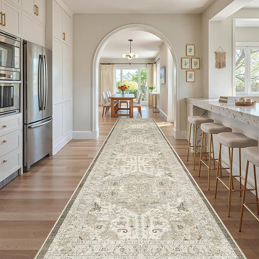 Madane Hallway Runner Rug 3x16 Washable Kitchen Runners Long, Ivory/Brown | Vintage Non-Slip Wide Area Rugs 16ft for Entryway, Low-Pile Farmhouse Indoor Floor Carpet for Living Room Bedroom