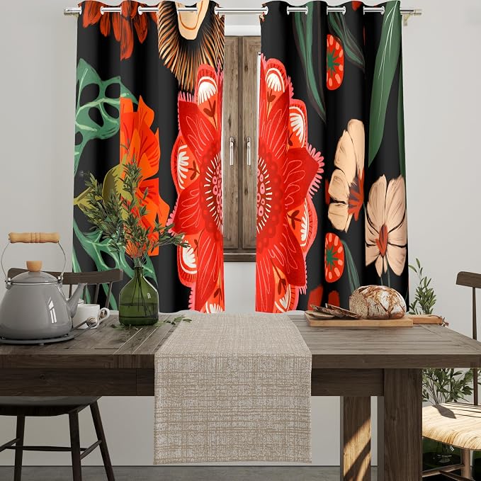 Tyrot 100% Blackout Black Boho Floral Curtains 45 Inch Long 2 Panels Mid Century Modern Botanical Grommet Thermal Insulated Room Darkening Black Out Window Drapes for Kitchen, 52Wx45L
