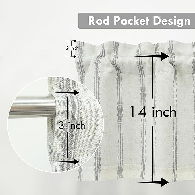 DriftAway Farmhouse Linen Lined Valance Double Layer Thermal Insulated Room Darkening Blackout Window Valances 3 Inch Rod Pocket Vertical Striped Kitchen Valance for Bathroom Single 52 x 14 Inch Gray