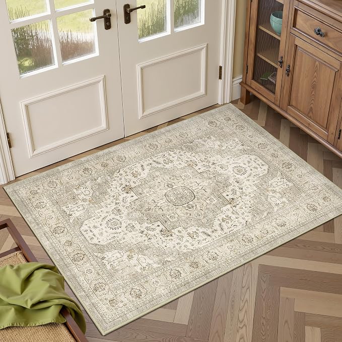 Roxstand 2x3 Washable Entryway Area Rug, Ivory/Beige | Low-Pile Carpet, Non-slip Backing, Stain Resistant, Rug for Kitchen, Laundry Room, Entryway, Vintage Design