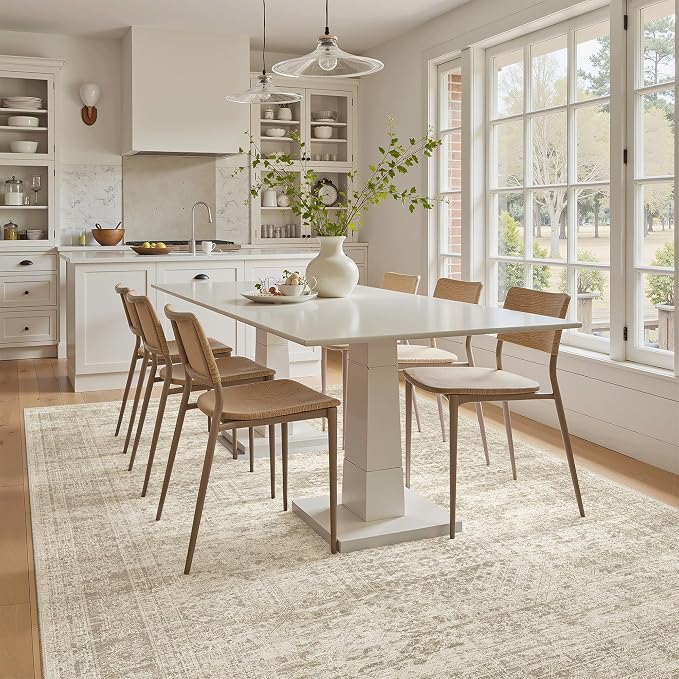 Soalmost 5x8 Area Rugs Beige Low Pile Indoor Washable Trendy Faded Style Rugs for Bedroom Living Room Dining Room Foldable Non-Slip Thin Print Home Office Mat