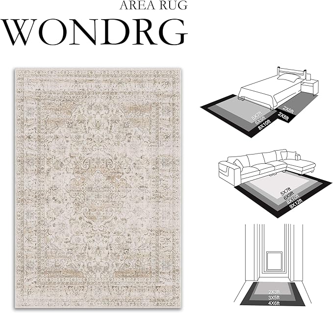 3x5 Washable Area Rug Beige Vintage Non Slip Soft Low Pile Rug for Entryway Kitchen Bathroom Distressed Oriental Throw Carpet for Living Room Bedroom Home Decor