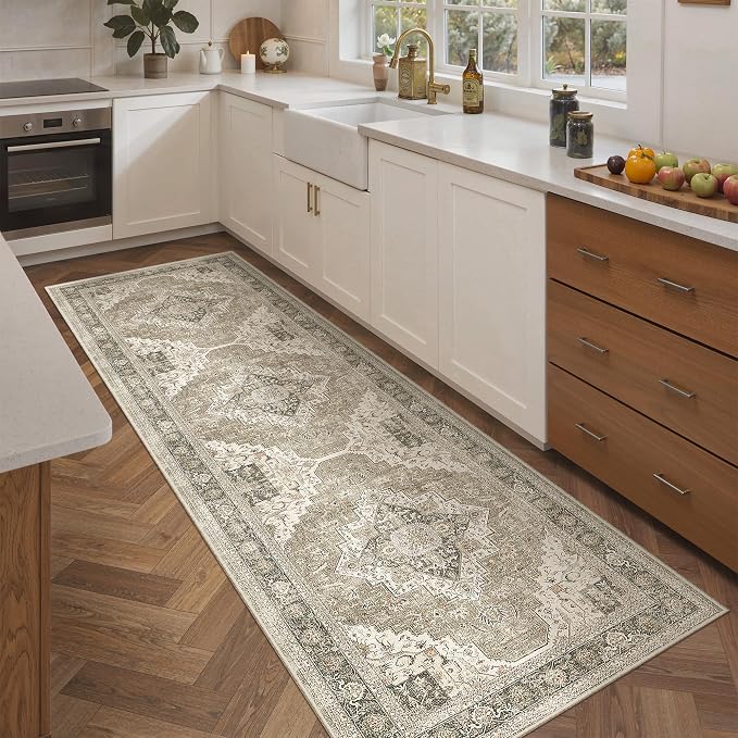 Roxstand Washable 2.6x8 Hallway Runner Rug, Brown/Beige | low-pile carpet, non-slip backing,8ft runner, stain resistant, runner for kitchen, laundry room, entryway,vintage design