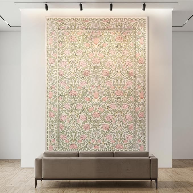 GarveeHome Pink and Green Beige Washable 9x12 Area Rugs for Living Room Vintage Floral Boho Botanical Retro Rug Low Pile Stain Resistance Non Slip Carpet for Bedroom Nursery Dining Room
