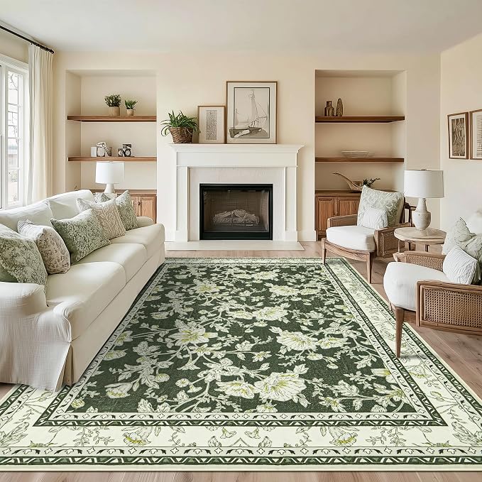 Olive Green Floral Print Area Rugs for Bedroom Living Room Boho Farmhouse Country Rustic Dining Room Carpet Soft Washable Rugs Non Slip Floor Covering for Nursery Playroom 10x12