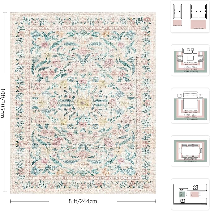 8x10 Area Rugs, Machine Washable Low Pile Floral Rugs for Living Room, Bedroom, Large Boho Area Rug with Non-Slip Backing for Dining Room(Pink Bloom)