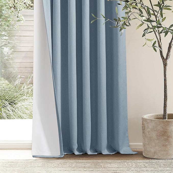 Dusty Blue Linen Blackout Curtains 45 Inch Length 2 Panels Pinch Pleated Back Tab Short Curtains for Kitchen with 100% Blackout Liner Neutral Farmhouse Drapes for Basement Thermal Insulated Drape