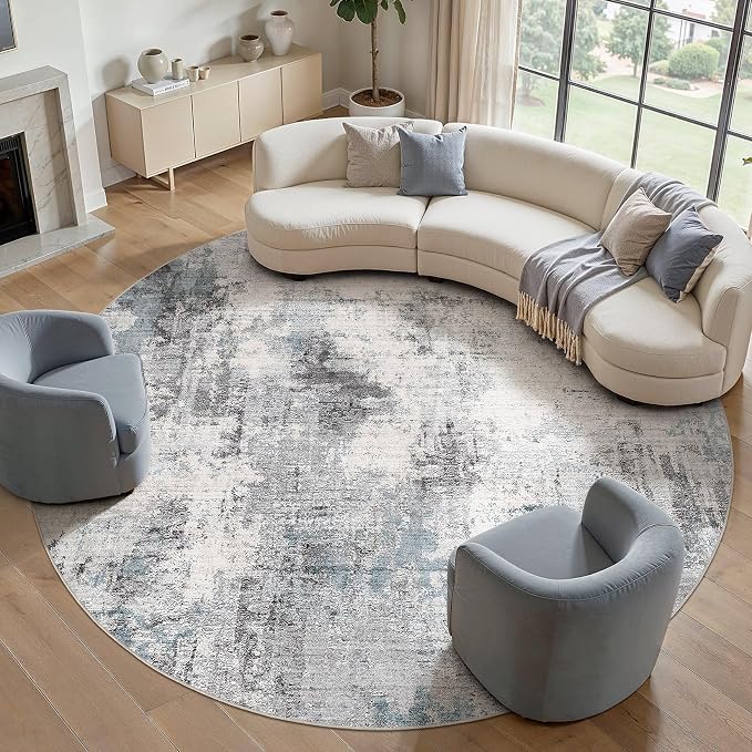 Abstract 12FT Round Rug: Machine Washable Non Slip Ultra Thin Low-Pile Carpet, Soft Stain Resistant for Living Dining Room Bedroom, Kid Pet Friendly, Robot Vacuum Compatible - Grey Blue