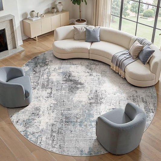 Abstract 12FT Round Rug: Machine Washable Non Slip Ultra Thin Low-Pile Carpet, Soft Stain Resistant for Living Dining Room Bedroom, Kid Pet Friendly, Robot Vacuum Compatible - Grey Blue