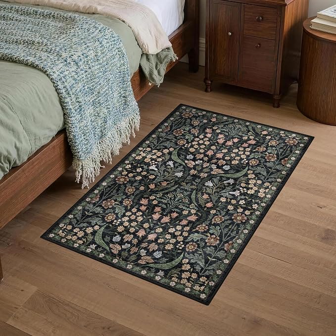 2x3 Washable Area Rug for Entryway Vintage Boho Floral Rug Non-Slip Low Pile Soft Faux Wool Small Carpet Kids and Pets Friendly for Bathroom Bedroom Kitchen Hallway Bedside Home Decor Rug Black
