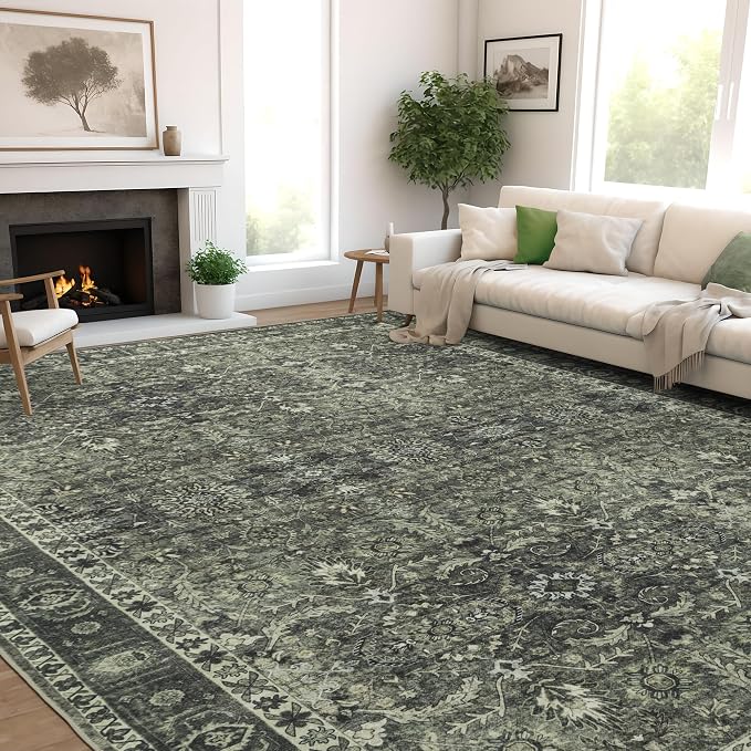 8x10 Vintage Washable Area Rug for Living Room,Low Pile Non Slip Carpet Non-Shedding Large Area Rug Soft Indoor Stain Resistant Rug Floral Print Mat for Bedroom Dining Room Green Floral