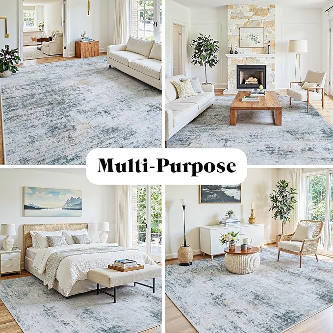 10x12 Area Rugs Washable Rug: Anti-Skid Abstract Modern Living Room Rug Soft Thin Carpets Indoor Floor Non-Shedding Carpet for Bedroom Dining Nursery Home Office (Blue/Grey/Gold/White,10'x12')