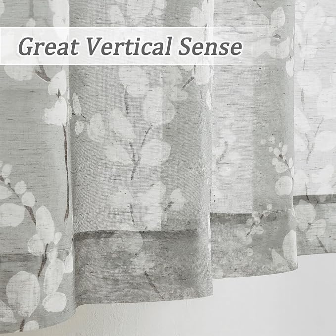 FMFUNCTEX Linen Sheer Curtains for Bedroom, Grey White Blossom Print Curtains 96 Inches Long for Living Room,Floral Patterned Farmhouse Curtain Light Filtering Window Drapes 2 Panels, Rod Pocket