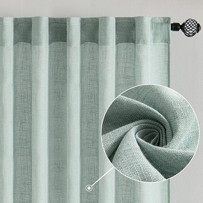 MIULEE Sea Green Linen Curtains 108 Inches Long for Bedroom Living Room, Soft Thick Linen Textured Window Drapes Semi Sheer Light Filtering Back Tab Rod Pocket Burlap Look Aqua Decor, 2 Panels