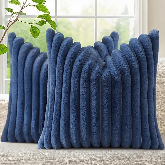 decorUhome Fall Faux Fur Throw Pillow Covers 20x20 Set of 2 Decorative Soft Plush Striped Coastal Coastal Modern Farmhouse Boho Couch Pillow Cases with Velvet Back for Sofa Bed Living Room, Blue