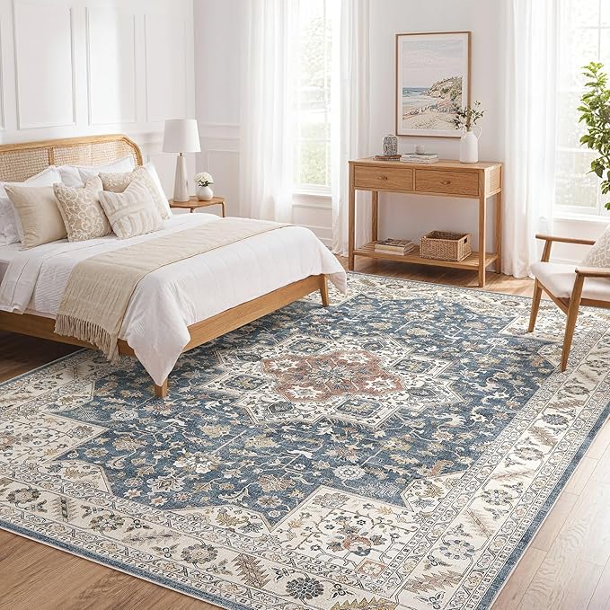 Vintage Living Room Area Rug 6x9 - Large Soft Washable Oriental Traditional Distressed Farmhouse Rugs for Bedroom - Indoor Floor Accent Carpet for Home Office House Decor - Vintage Blue