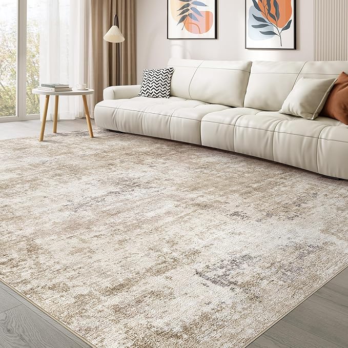 Abstract 10x14 Area Rug: Machine Washable Non Slip Ultra Thin Low-Pile Carpet, Soft Stain Resistant for Living Dining Room Bedroom, Kid Pet Friendly, Robot Vacuum Compatible - Brown
