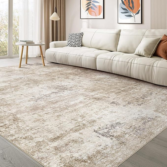 Abstract 10x14 Area Rug: Machine Washable Non Slip Ultra Thin Low-Pile Carpet, Soft Stain Resistant for Living Dining Room Bedroom, Kid Pet Friendly, Robot Vacuum Compatible - Brown