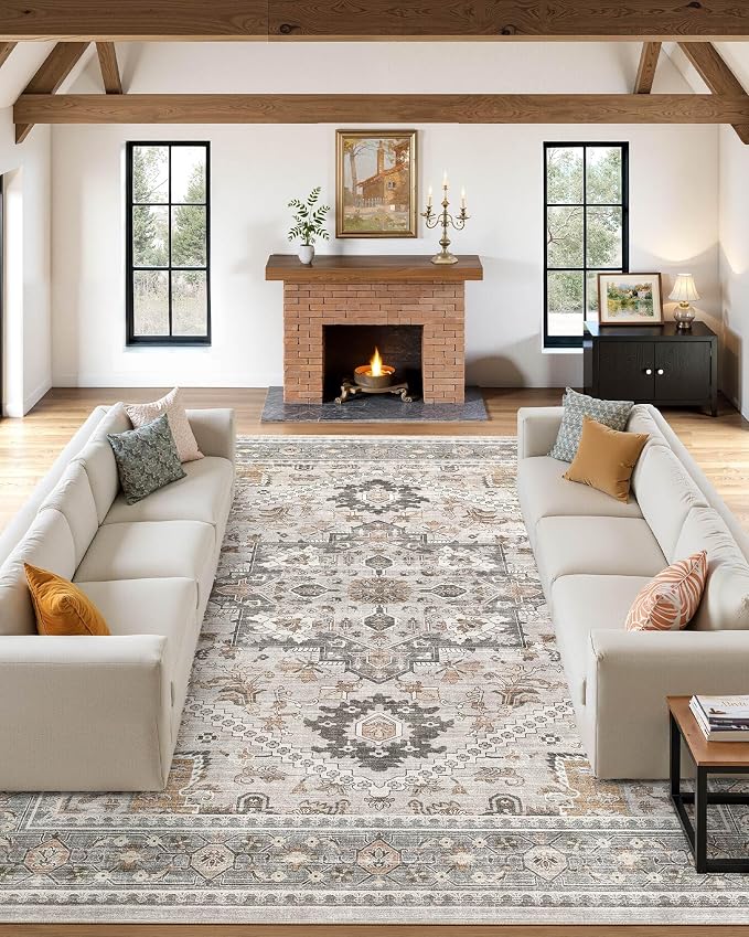 9x12 Vintage Area Rug: Washable Neutral Soft Non Slip Thin Large Floor Carpet for Living Room Bedroom Kitchen Dining Room Home Office Farmhouse Indoor - Taupe