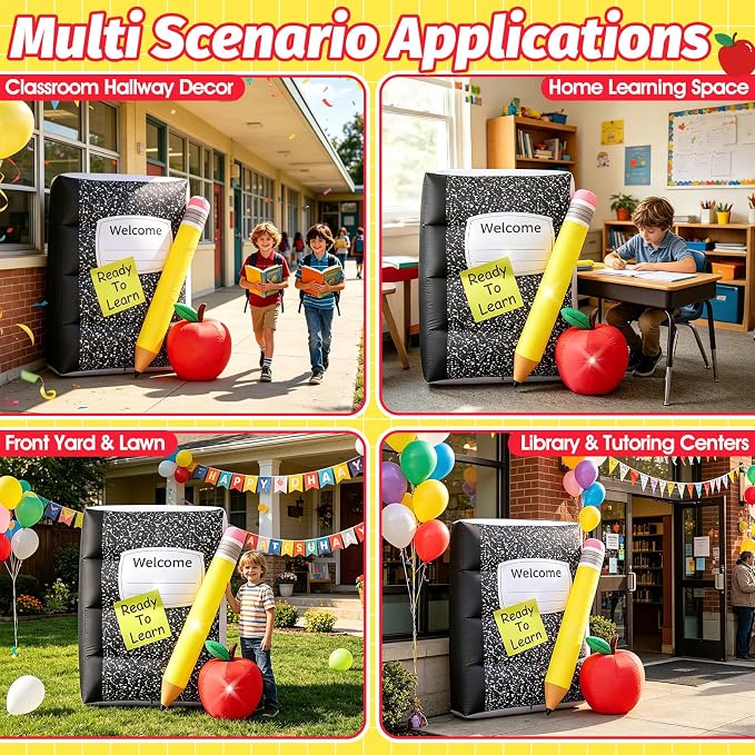 5FT Back to School Inflatable Outdoor Decorations Giant Blow Up Composition Notebook with Pencil,Built-in 3 LED Lights for First Day of School Welcome Party Classroom Garden Yard Decor Photo Props