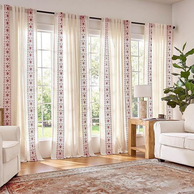 jinchan Boho Curtains for Bedroom Red Vintage Floral Farmhouse Curtains 63 Inch Linen Blend Drapes for Living Room Embroidered Light Filtering Drapes Rod Pocket Red on Beige 2 Panels