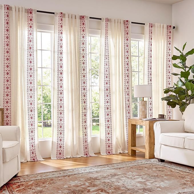 jinchan Boho Curtains for Bedroom Red Vintage Floral Farmhouse Curtains 84 Inches Long Linen Blend Drapes for Living Room Embroidered Light Filtering Drapes Rod Pocket Red on Beige 2 Panels
