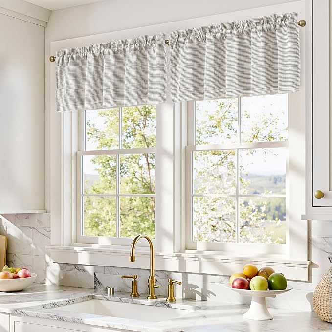 DriftAway Blackout Linen Ticking Striped Curtain Valance 18 Inches Beige | Double Layer Farmhouse Country Rustic Stripe Yarn Dyed Woven Thermal Insulated Rod Pocket Valance for Living Room