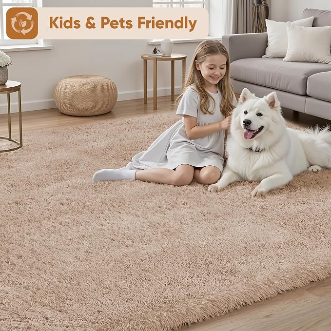 Area Rug for Living Room Bedroom: 9x12 Camel Soft Fluffy Shag Upgrade Non-Slip High Pile Carpet Large Fuzzy Plush Indoor Floor Decor Shaggy Rug for Kid Boys Girls Dorms Playroom Nursery Modern Home