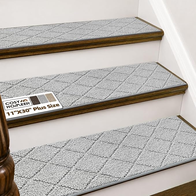 COSY HOMEER Stair Treads for Wooden Steps 11"x30" Washable Indoor Carpet Stair Treads Non Slip Soft Polyester Stair Carpet Tread Reusable Stair Runner Rugs for Kids, Elders,Pets,Grey,4pcs