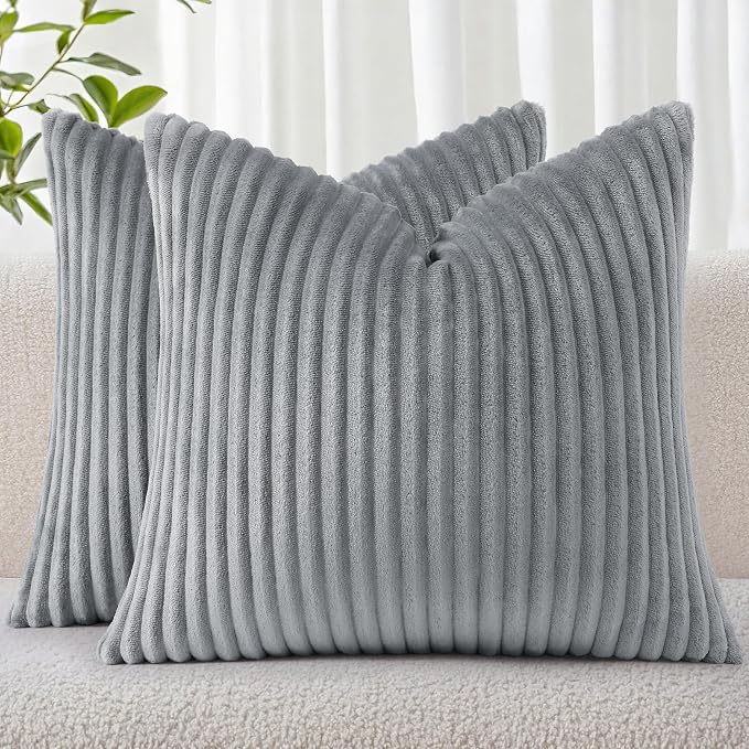 Simmore Decorative Fall Throw Pillow Covers 24x24 Set of 2, Soft Natural Plush Flannel Double-Sided Fluffy Couch Euro Sham Pillow Covers for Sofa Living Room, Grey