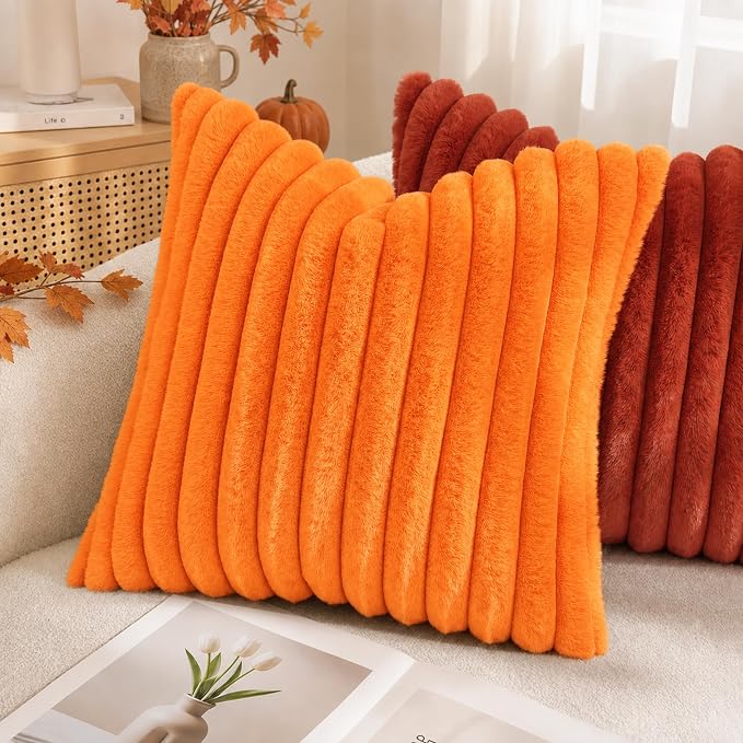 decorUhome Fall Cozy Faux Fur Throw Pillow Covers 26x26 Set of 2 Decorative Soft Plush Striped Modern Farmhouse Boho Couch Euro Sham Pillow Cases with Velvet Back for Sofa Bed Living Room, Orange
