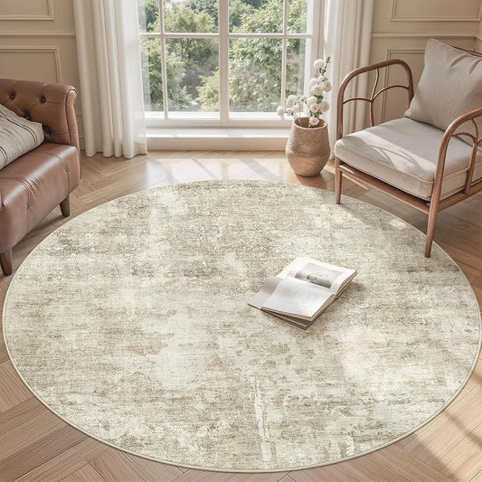 Soalmost 5x5 Beige Gray Round Rug 5ft Living Room Circle Rug Vintage Round Area Rug Non Slip Indoor Carpet for Entryway Dining Room Bedroom