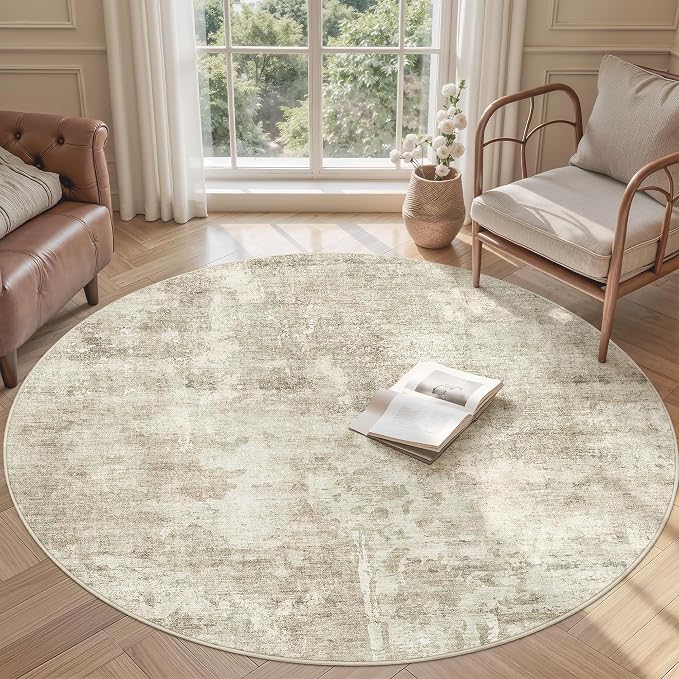 Soalmost 6x6 Beige Gray Round Rug 6ft Living Room Circle Rug Vintage Round Area Rug Non Slip Indoor Carpet for Dining Room Bedroom