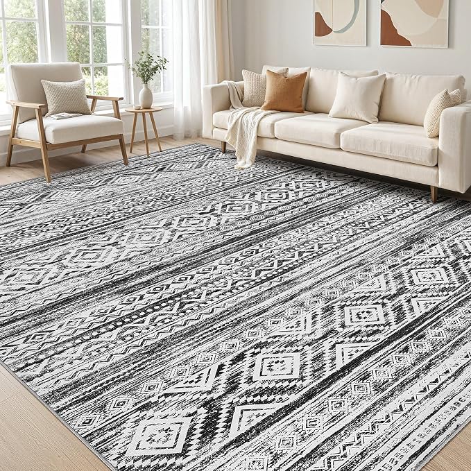 cotiled 5x7 Area Rugs Living Room Rug: Washable Boho Rugs with Non Slip Backing Large Soft Indoor Stain Resistant Carpet for Bedroom Farmhouse Dining Room Lightweight Home Decor White/Black