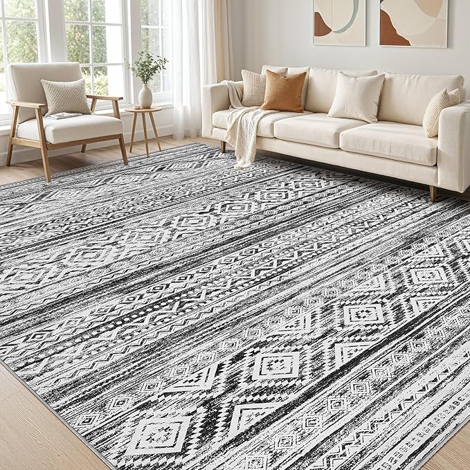 cotiled 5x8 Area Rugs Living Room Rug: Washable Boho Rugs with Non Slip Backing Large Soft Indoor Stain Resistant Carpet for Bedroom Farmhouse Dining Room Lightweight Home Decor White/Black