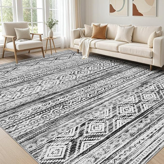 cotiled 9x12 Area Rugs Living Room Rug: Washable Boho Rugs with Non Slip Backing Large Soft Indoor Stain Resistant Carpet for Bedroom Farmhouse Dining Room Lightweight Home Decor White/Black