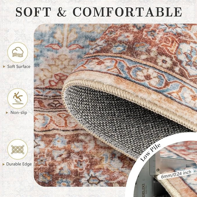 6x9 Area Rugs - Washable Vintage Retro Living Room Rug, Soft Ultra Thin Non Slip Low Pile Traditional Distressed Boho Carpet for Bedroom Dining Room Nursery Home Office, Rust Clay