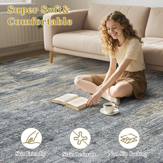 Area Rugs 5x7 Living Room: Washable Large Abstract Modern Neutral Soft Rug Stain Resistant Non-Slip Backing Carpet for Bedroom Dining Room Indoor Nursery Dorm Home Office Decor - Blue Gold