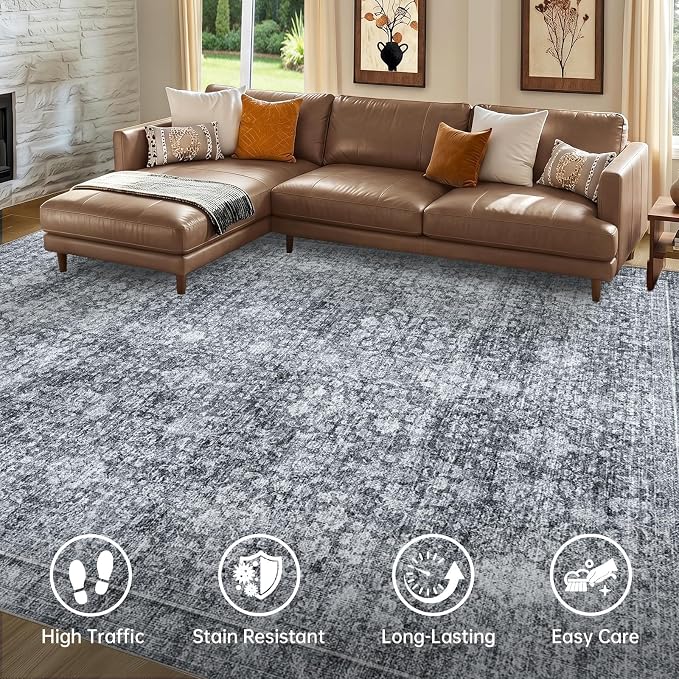 Sasttie 9x12 Area Rug, Ultra-Soft Washable Rug, Low Pile Foldable Thin Carpets with Non-Slip Backing, Skin-Friendly Stain Resistant Carpet for Living Room, Bedroom, Kitchen, Dorm, 9x12, Black Grey