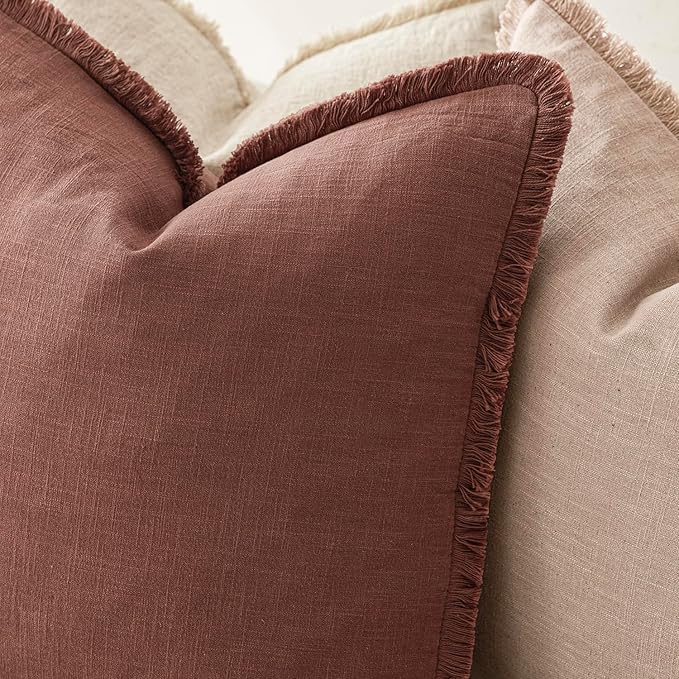 Foindtower Set of 2 Decorative Linen Fringe Throw Pillow Covers Boho Farmhouse Cushion Cover with Tassels Soft Accent Pillowcase for Couch Chair Sofa Bed Living Room Home Decor,18×18 Inch,Rust Red