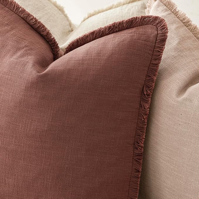 Foindtower Set of 2 Decorative Linen Fringe Throw Pillow Covers Boho Farmhouse Cushion Cover with Tassels Soft Accent Pillowcase for Couch Chair Sofa Bed Living Room Home Decor,24×24 Inch,Rust Red