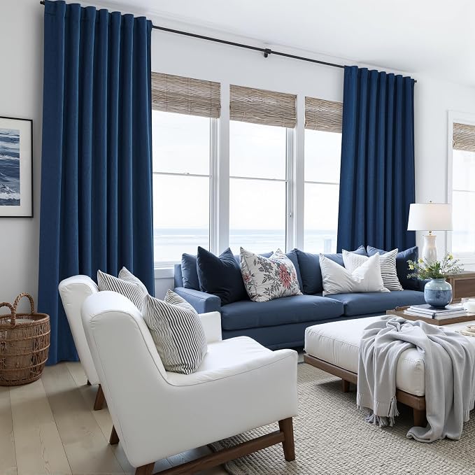 Navy Blue Blackout Curtains 100 Inch Length for Boys Rooms/Bedroom, Floor to Ceiling Track Pleated Drapes with Hooks Linen Thermal Coastal Curtain Dark Blue Window Burg 50"Wx100"Lx2Panels Back Tab
