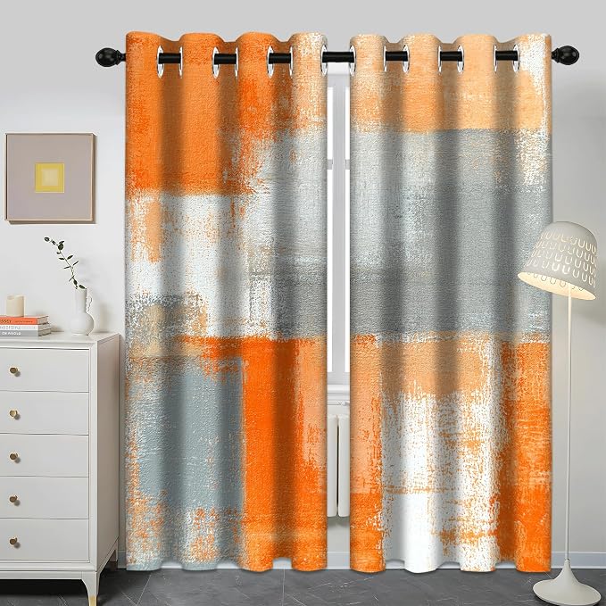 iTapnoom Abstract Orange Grey Blackout Curtains, Beige Aesthetic Art Painting Window Drapes Darkening Grommet Window Curtains for Living Room Bedroom Decor 2 Panels 52"x96" Inch