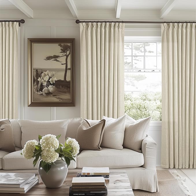 Extra Wide Pinch Pleat 60 x 108 Inch Linen Curtains for Living Room Neutral Beige Light Filtering Semi Sheer Pleated Curtains for Patio Glass Sliding Door Dining Bedroom Large Window 60x108 1 Panel