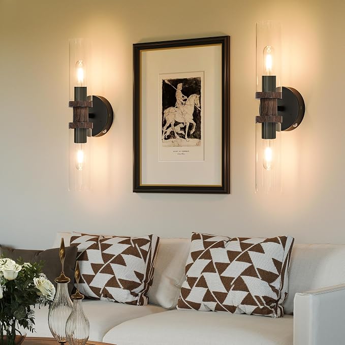 Rayogale Black & Walnut Wireless Battery Operated Wall Sconce with Remote | Dimmable Rechargeable Wall Lights Set of 2, Timer, No Hardwire, Touch Control, 8000mAh, 3000K, Glass, Emergency, 16.5 Inch
