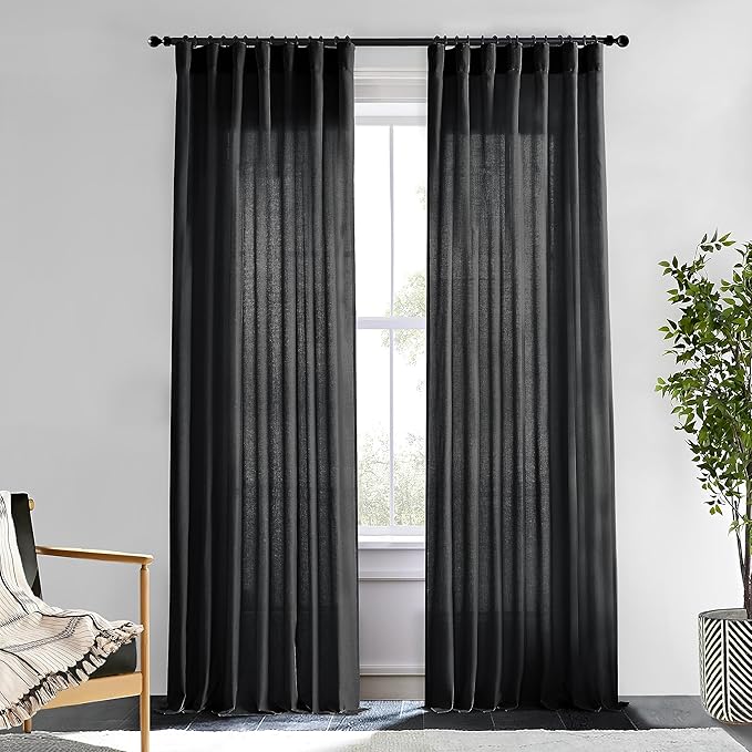XTMYI Black Linen Curtains 84 Inches Long for Bedroom, Back Tab Pleated Semi Sheer Privacy Light Filtering Boho Window Drapes for Living Room, 84 Length 2 Panels Set