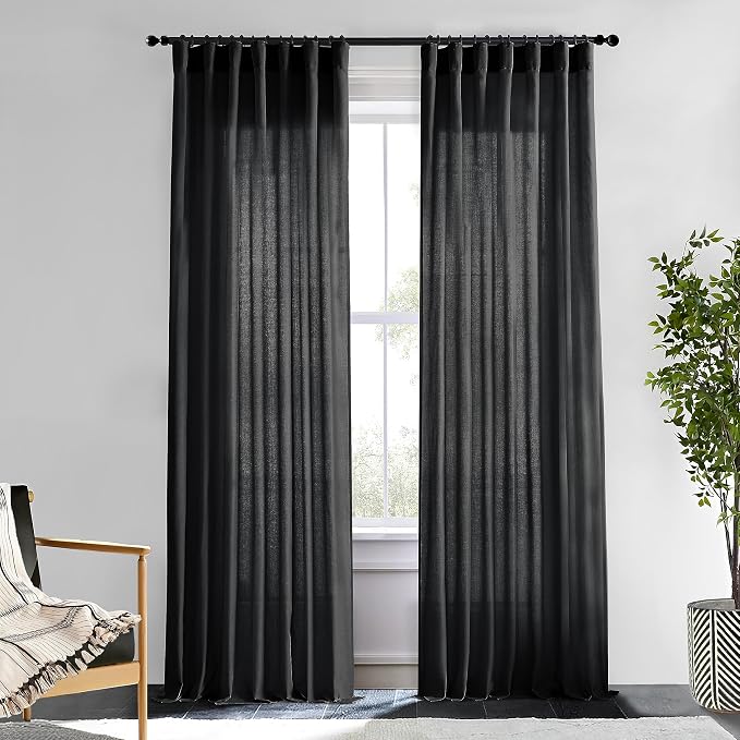XTMYI Back Tab/Hook Belt Linen Cotton Sheer Curtains for Bedroom,2 Panels,102 Inch Length,Black 50 Inch Wide