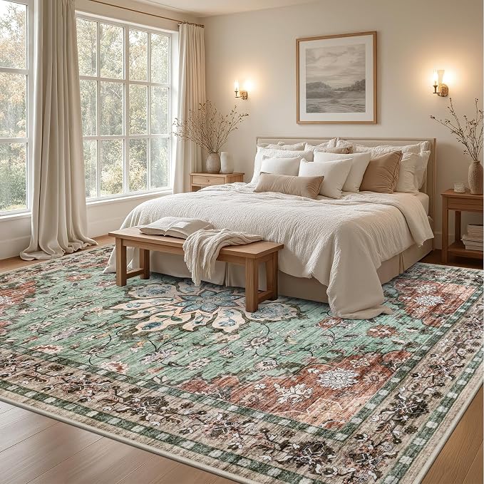 Area Rugs 9x12 Living Room Rug: Washable Rug Soft Vintage Distressed Floral Carpet Indoor Non-Slip Stain Resistant Large Carpets for Bedroom Dining Room Farmhouse Nursery Home Office Brown Green